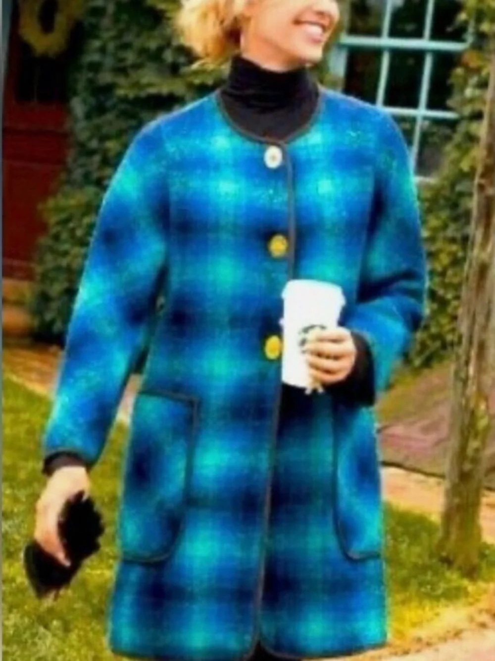 Soft Surroundings Blue Bouclé Plaid Longline Coat Metal Toggle XS EUC